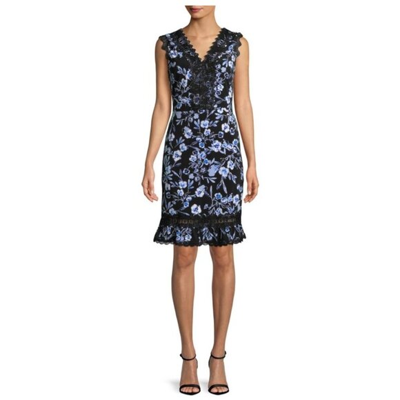 Karl Lagerfeld Paris Floral Midi Dress Black and Blue Size 4 - Picture 1 of 6